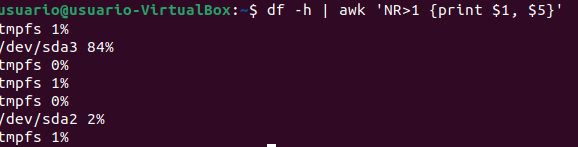 Comando awk mostrando uso de disco por partición en Linux