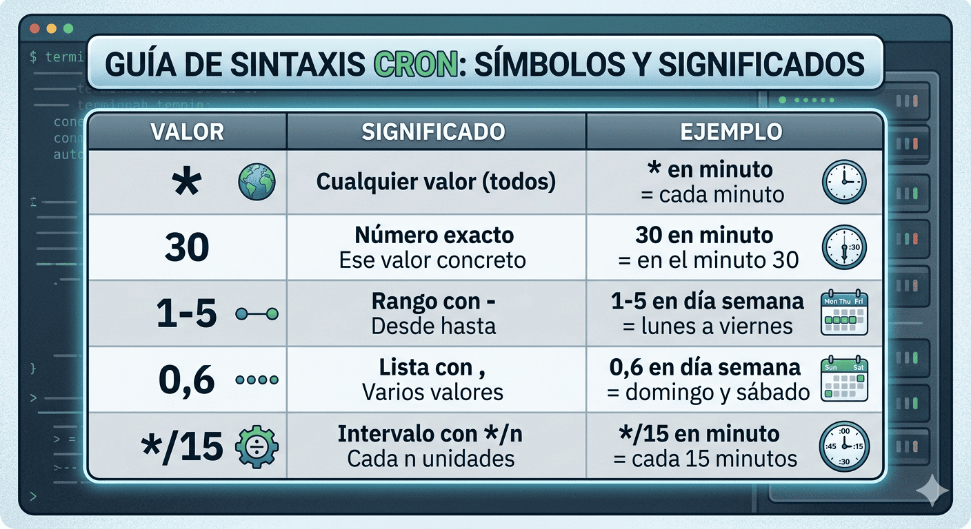 Tabla explicativa de la sintaxis de cron con los 5 campos: minuto, hora, dia del mes, mes y dia de la semana