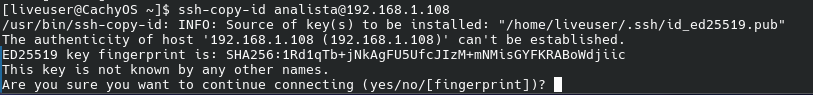Terminal mostrando ssh-copy-id solicitando confirmacion de conexion