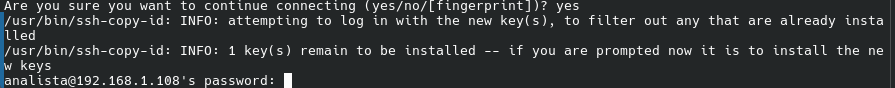Terminal pidiendo contraseña del servidor por ultima vez al copiar clave SSH
