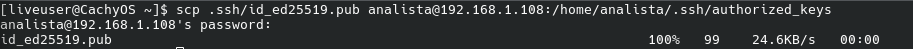 Comando scp copiando clave publica SSH al servidor de forma manual