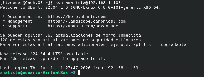 Conexion SSH exitosa sin contraseña desde terminal Linux