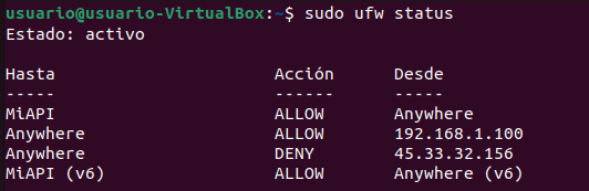 Salida de sudo ufw status mostrando firewall activo en Ubuntu