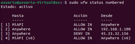 Confirmacion de eliminacion de regla UFW con sudo ufw delete