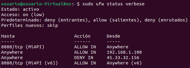 Salida de sudo ufw status verbose con politicas por defecto de UFW