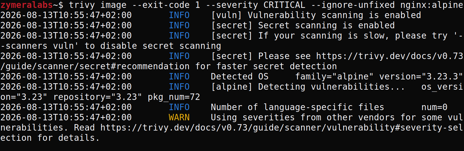 Trivy con flags exit-code 1 severity CRITICAL e ignore-unfixed combinados